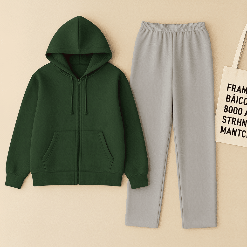 Dark Green Zipper And Grey Trouser set