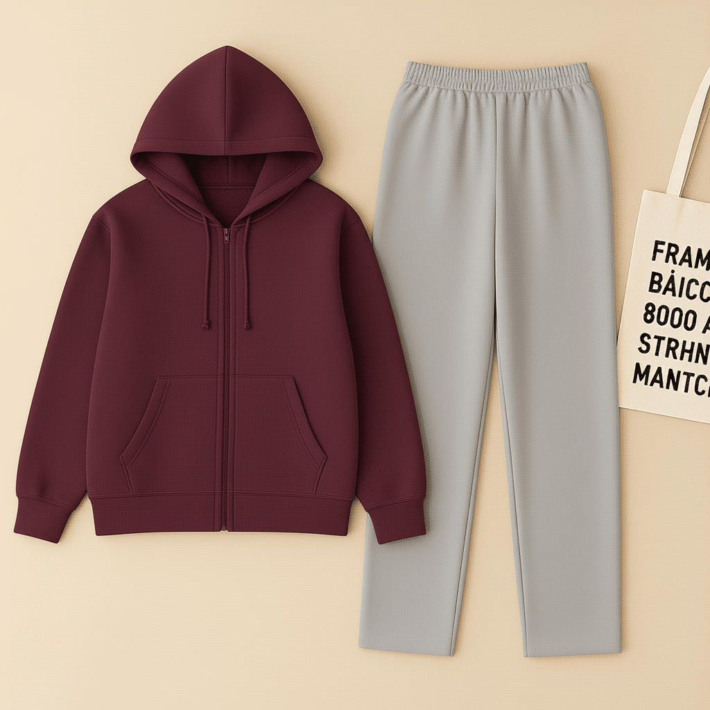 Maroon Zipper And Grey Trouser set