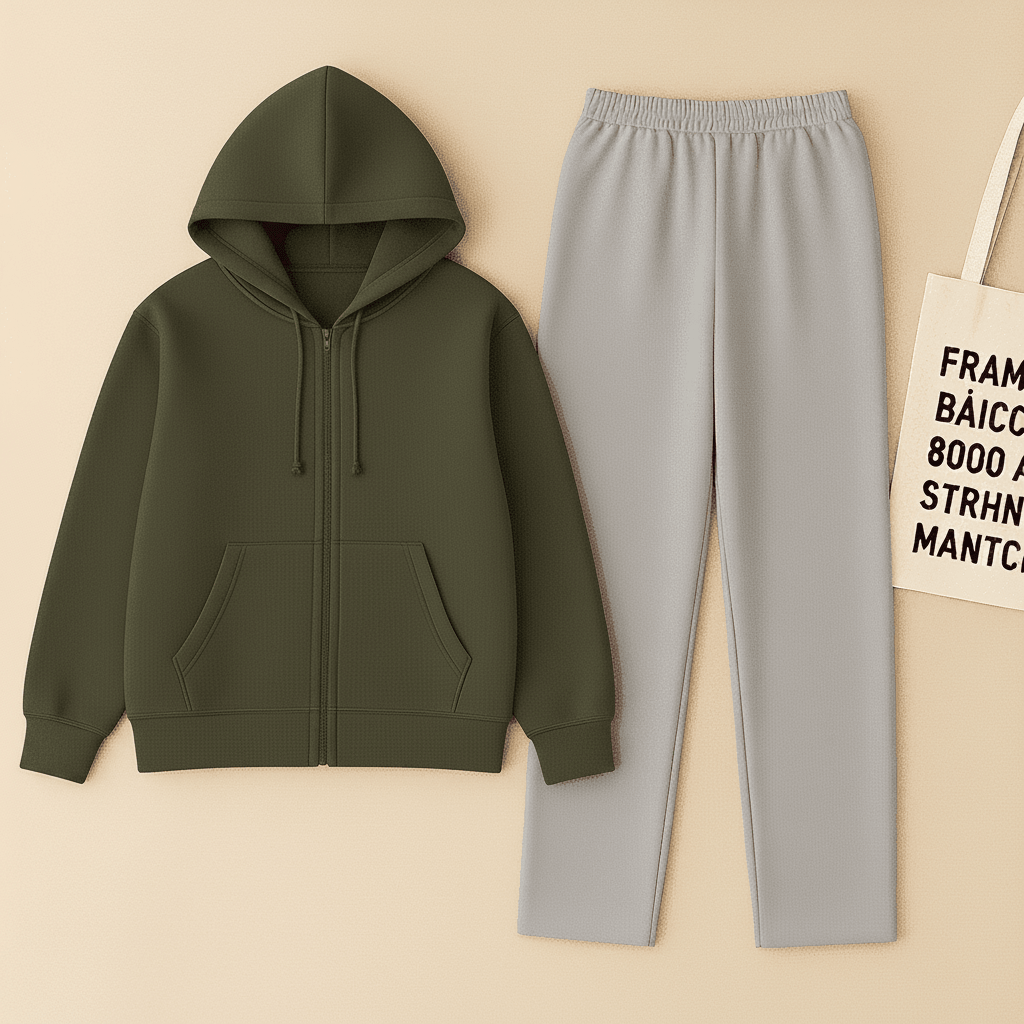 Olive Zipper And Grey Trouser set