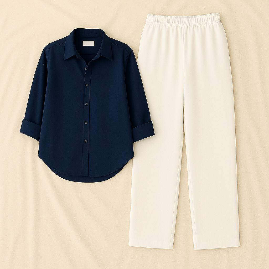 Navy Blue  Shirt & White Pant Set