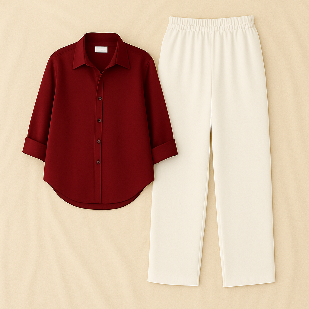 Maroon Shirt & White Pant Set