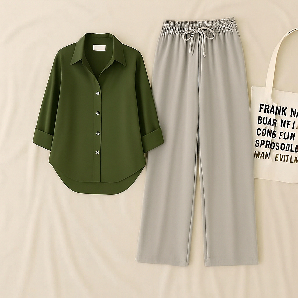 Olive Shirt & Gray Pant Set