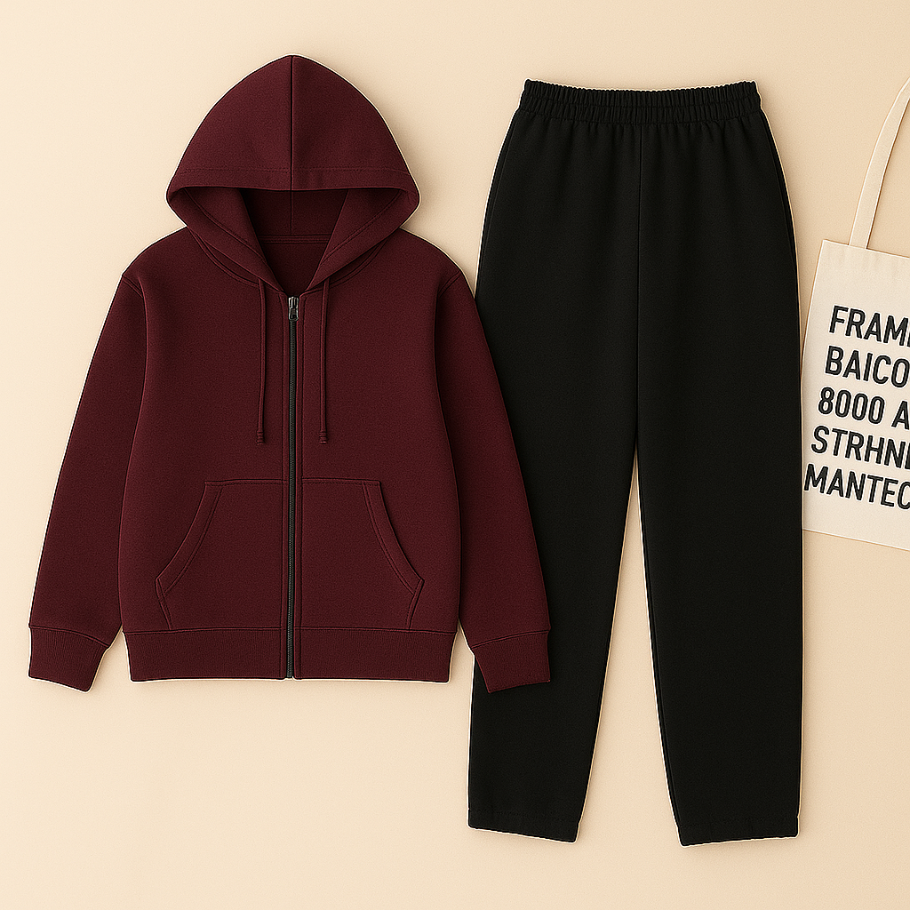 Maroon Zipper And Black Trouser set