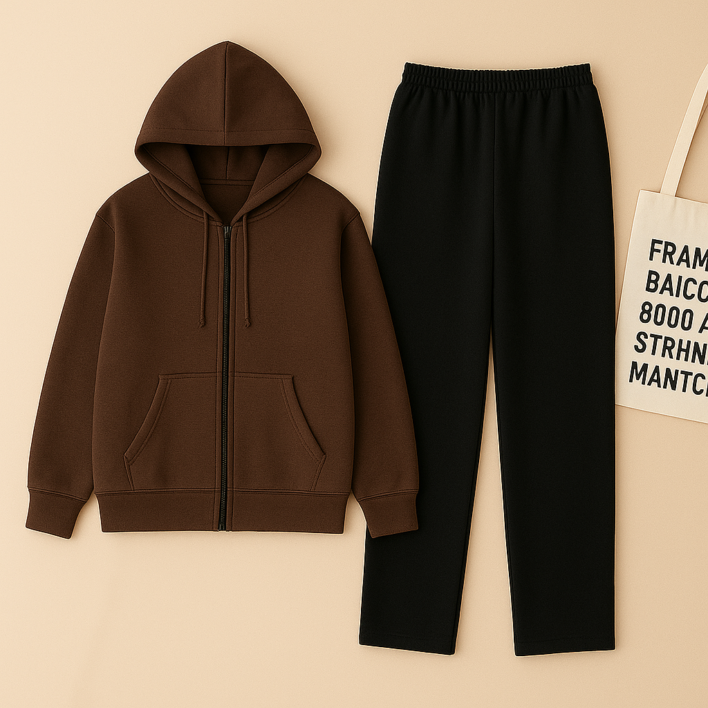 Brown Zipper And Black Trouser set