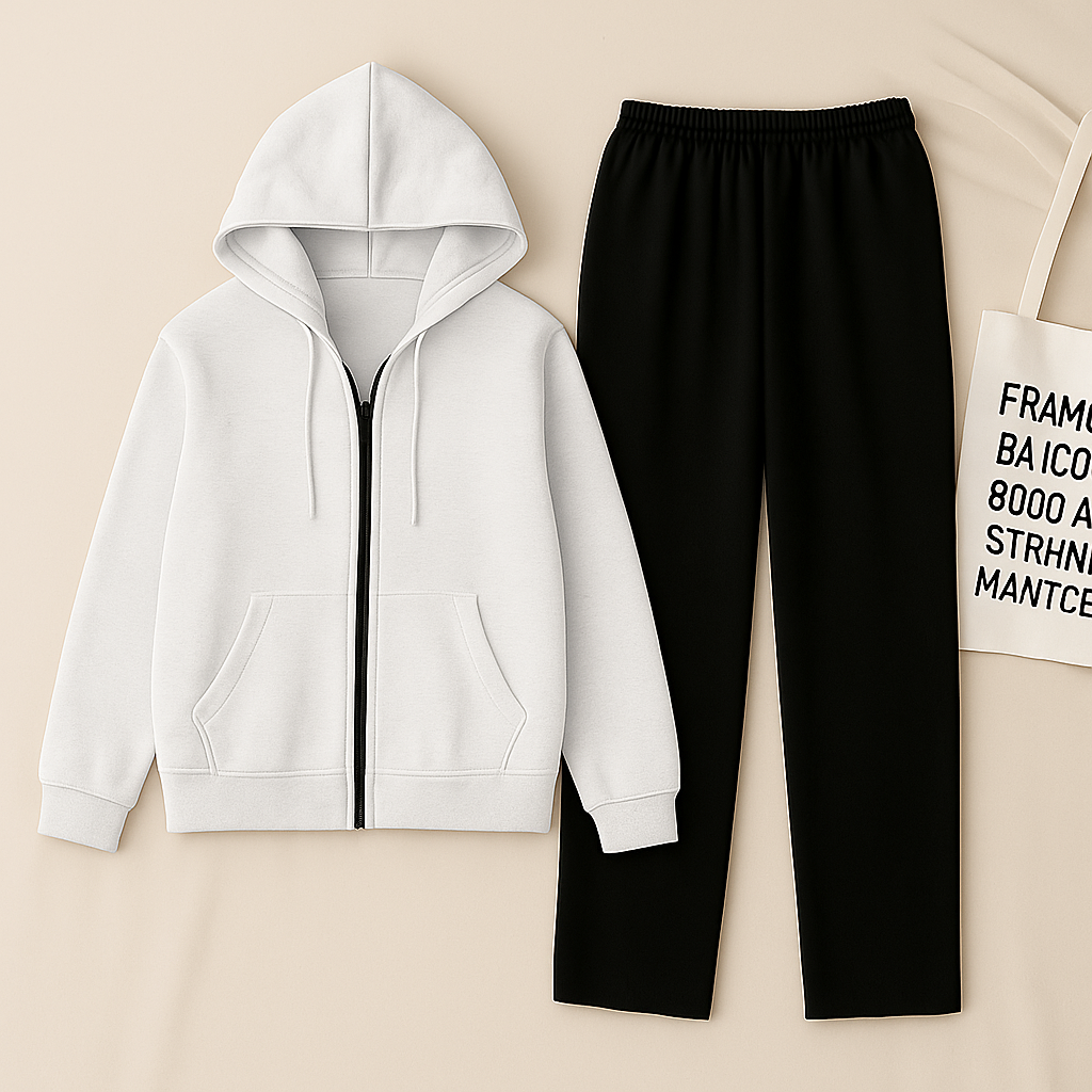 White Zipper And Black Trouser set