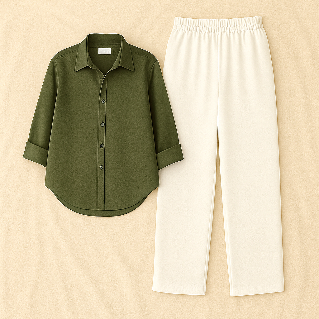 Olive Shirt & White Pant Set