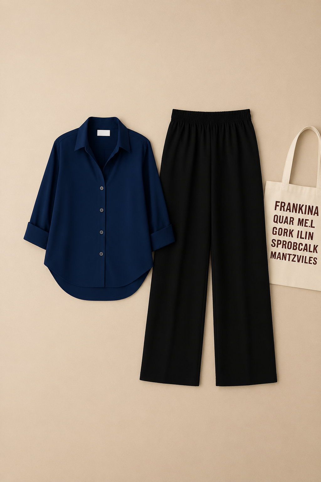 Navy Blue Shirt & Beige Pant Set
