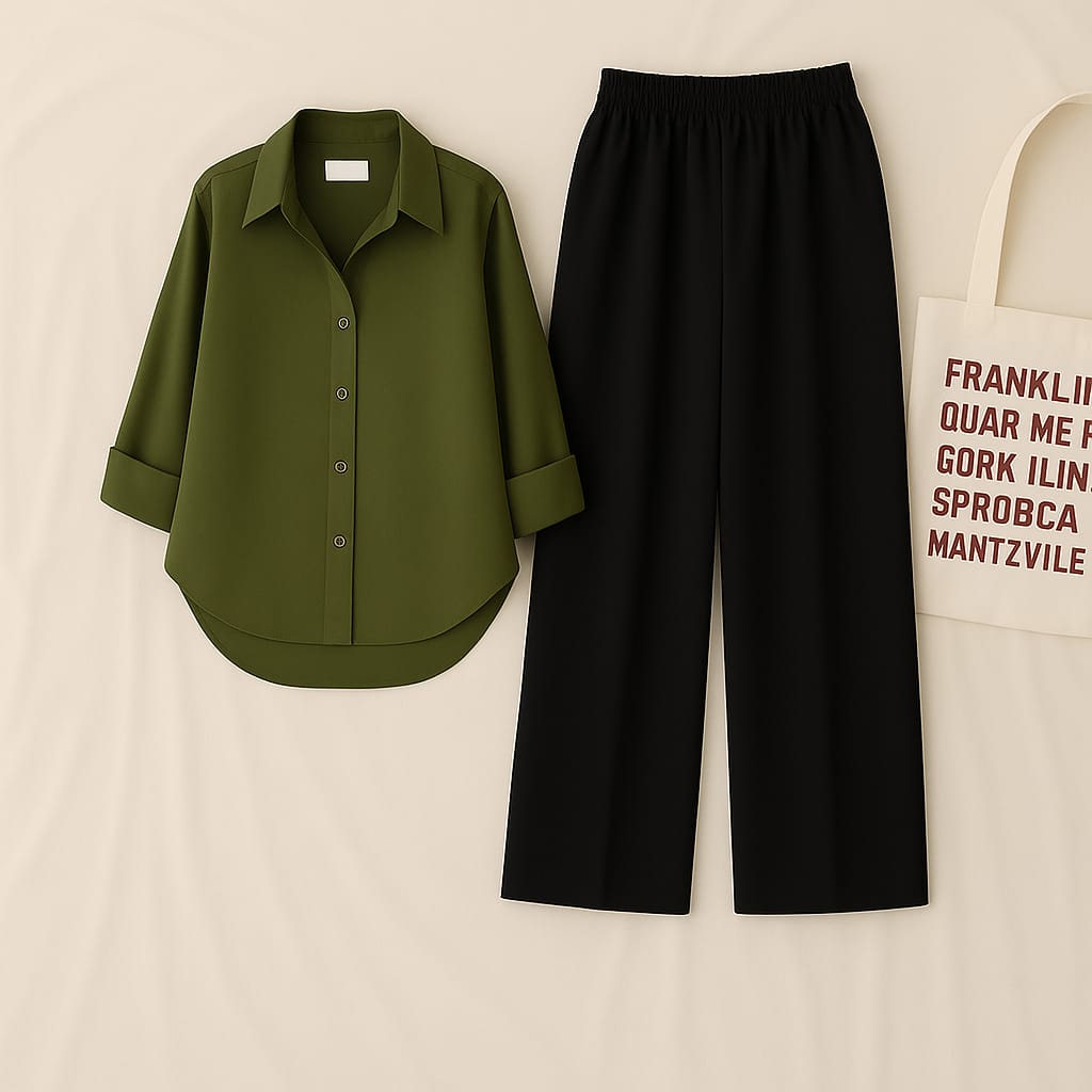 Olive Shirt & Black Pant Set