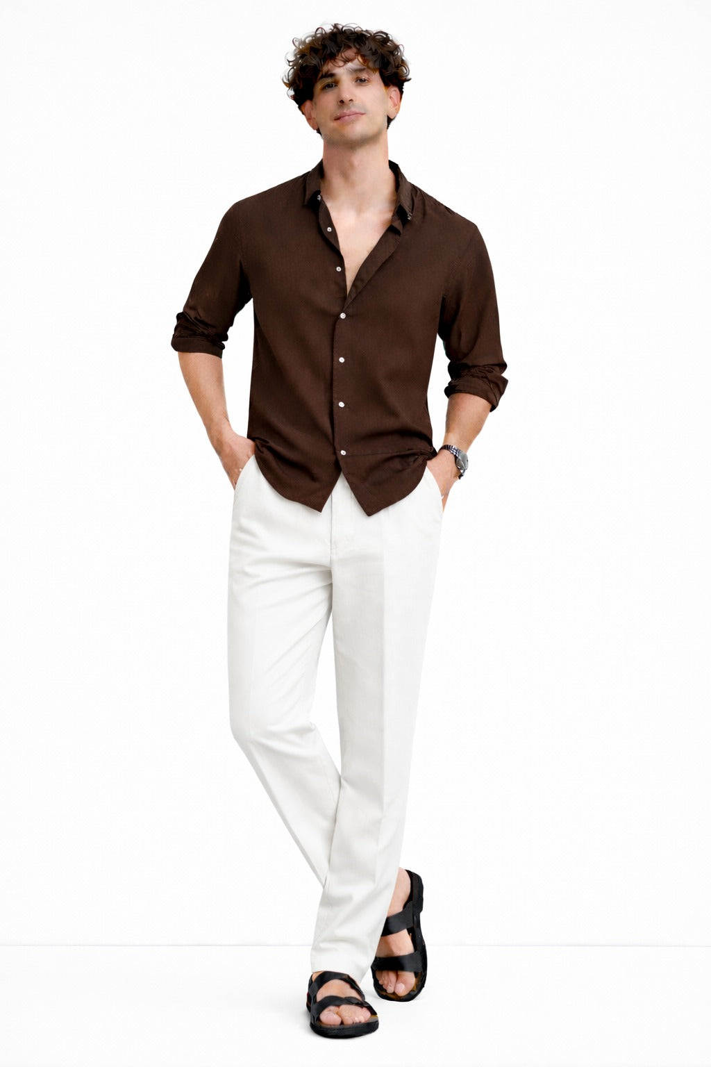 Brown Shirt & White Pant Set