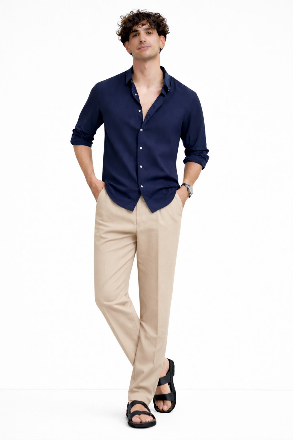 Navy Blue Shirt & Beige Pant Set