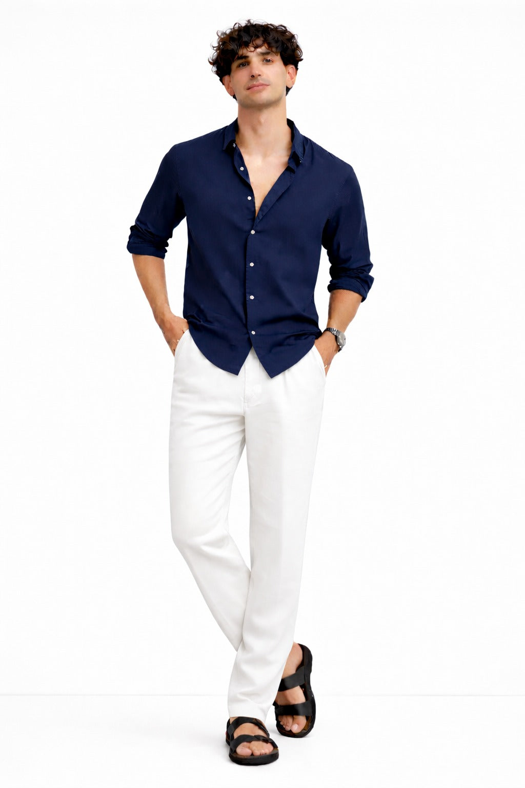 Navy Blue  Shirt & White Pant Set