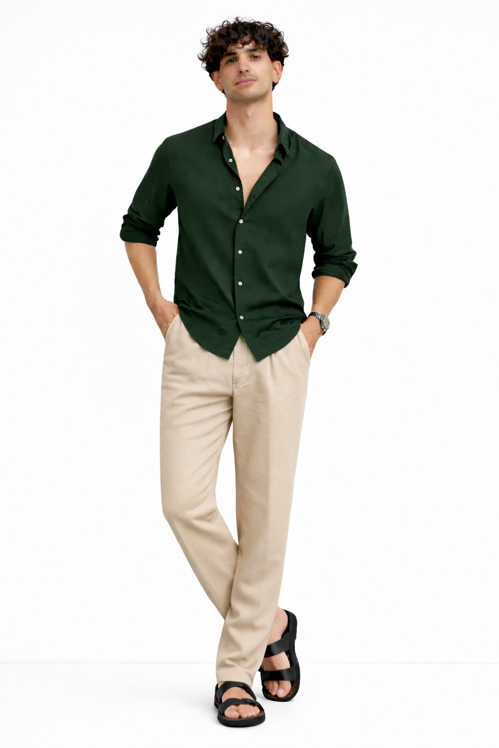 Dark Green Shirt & Beige Pant Set