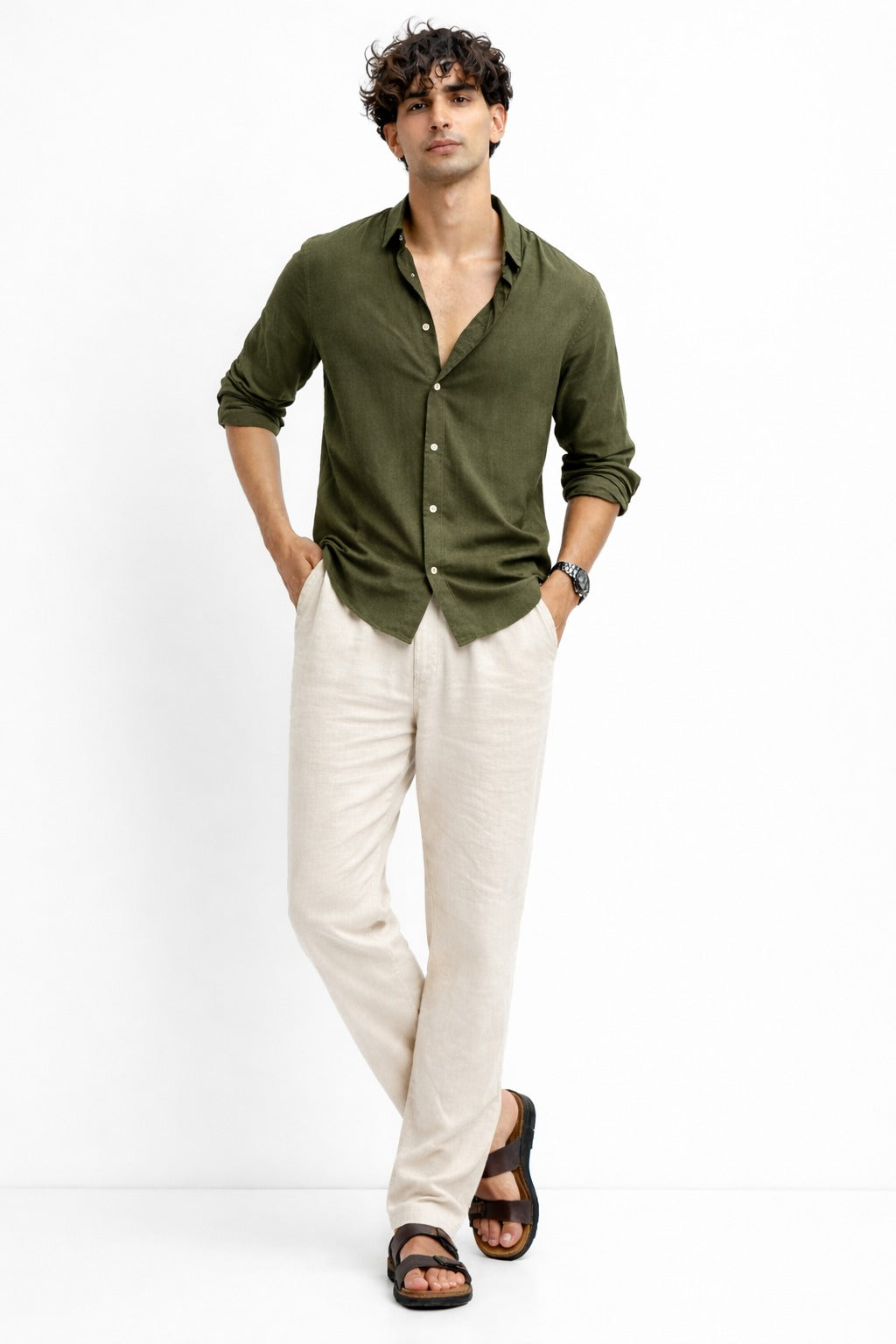 Olive Shirt & White Pant Set