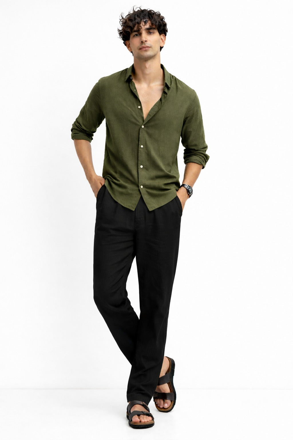 Olive Shirt & Black Pant Set