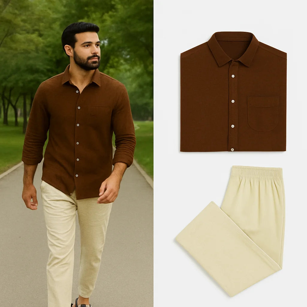 Brown Shirt & Beige Pant Set