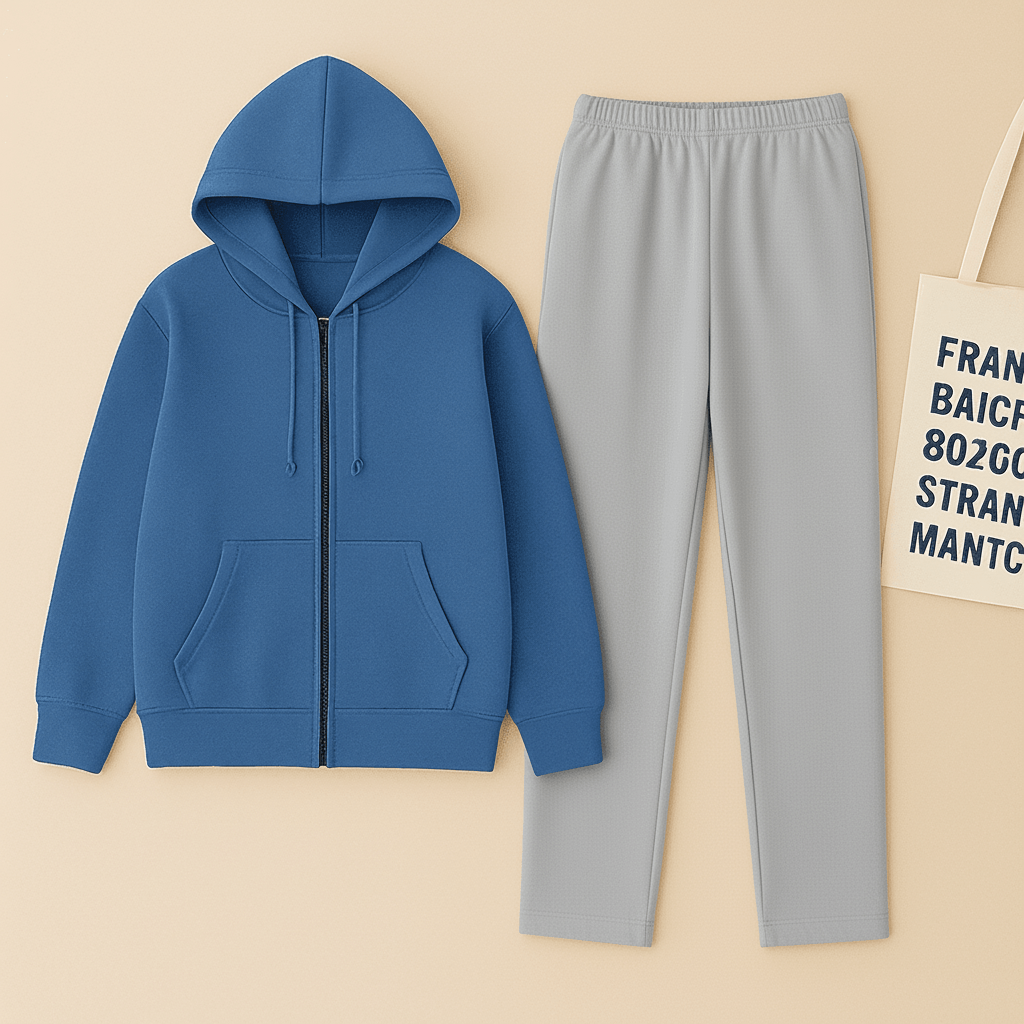 Blue Zipper And Grey Trouser Set