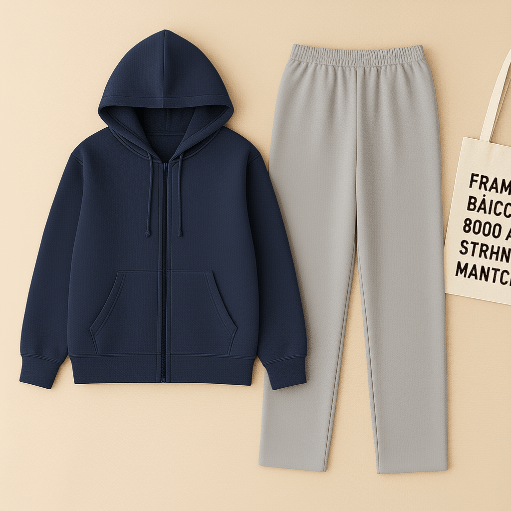 Navy Blue Zipper And Grey Trouser Set