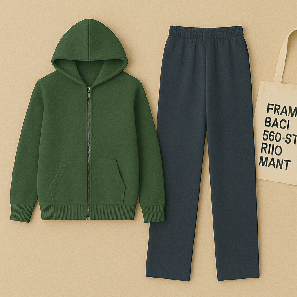 Dark Green Zipper And Navy Blue Trouser set