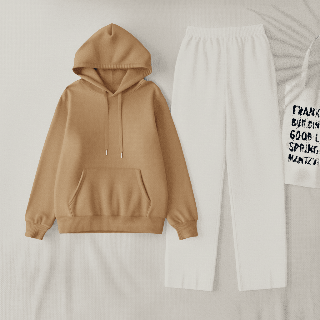 Camel Hoodie & White Flapper Trouser Set