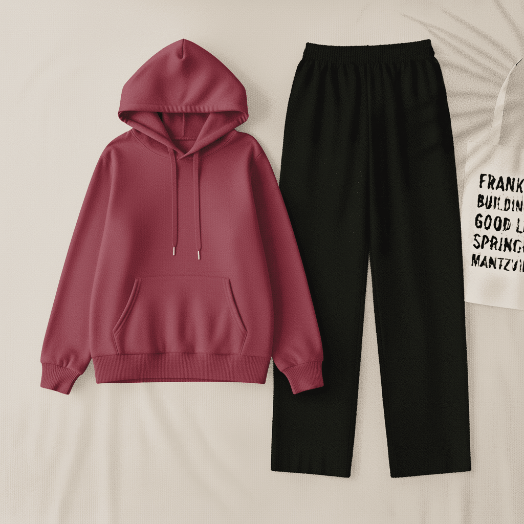 Dark Pink  Hoodie & Black Flapper Trouser