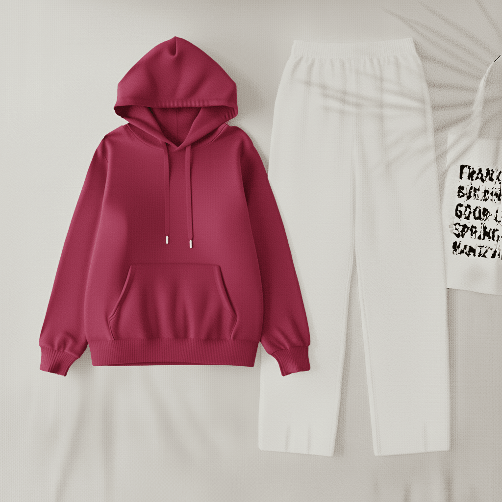 Dark Pink Hoodie & White Flapper Trouser