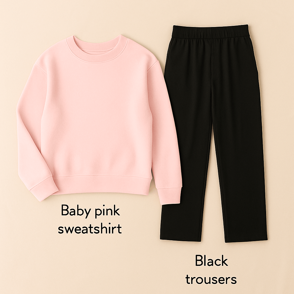 Baby pink Sweatshirt + Black Flapper Trouser